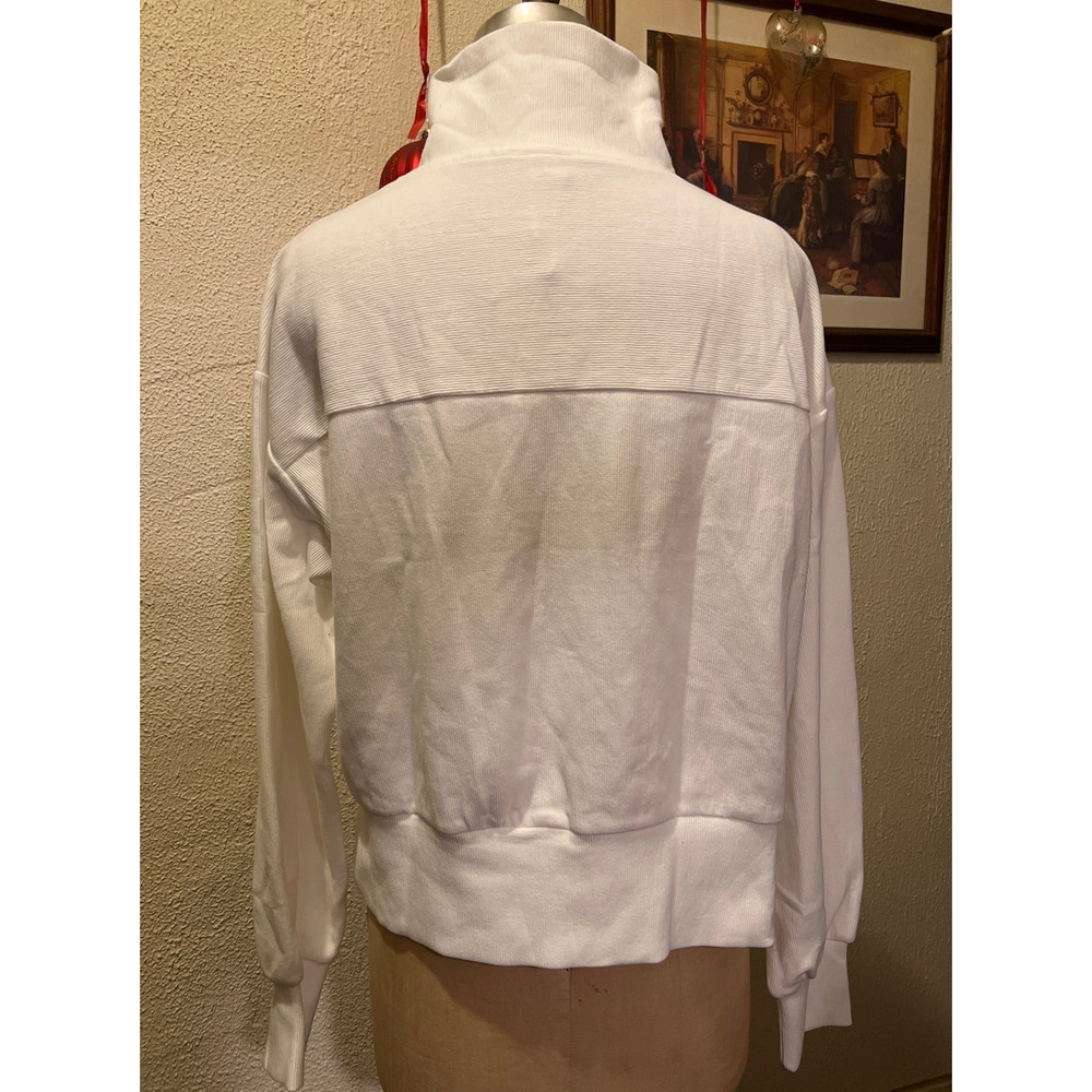 Women's White Ribbed Half Zip Cropped Pullover Sweatshirt Top NWT Size L - Picture 6 of 13